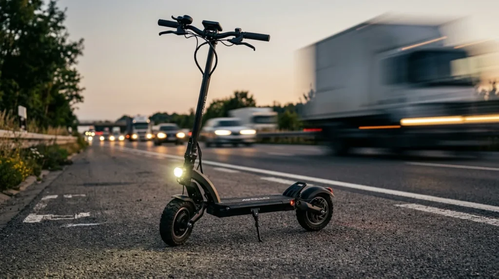 Patinete elétrico em estrada com fundo desfocado, sugerindo velocidade