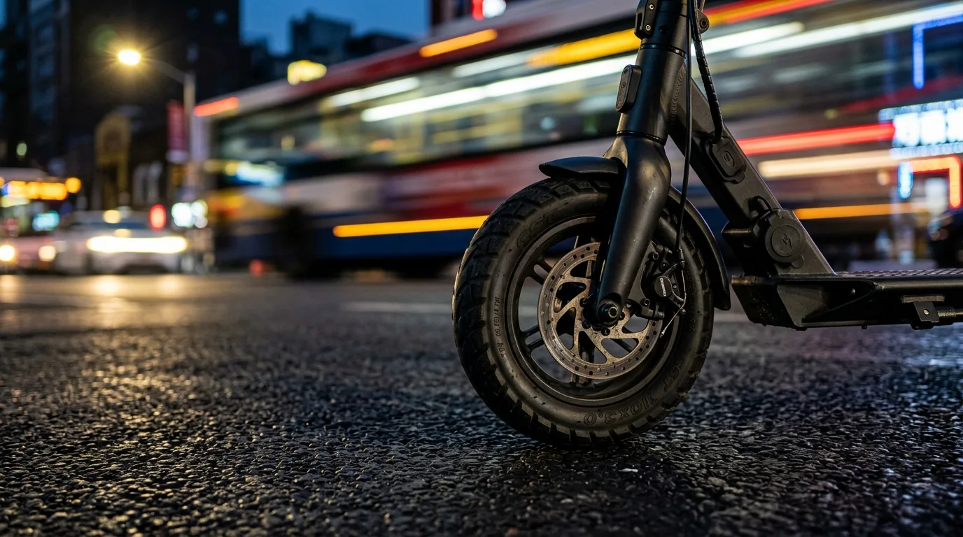 Roda dianteira de patinete elétrico em movimento sobre o asfalto