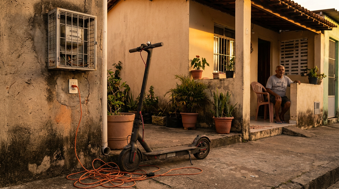 Scooter elétrica carregando ao lado do medidor de energia da casa