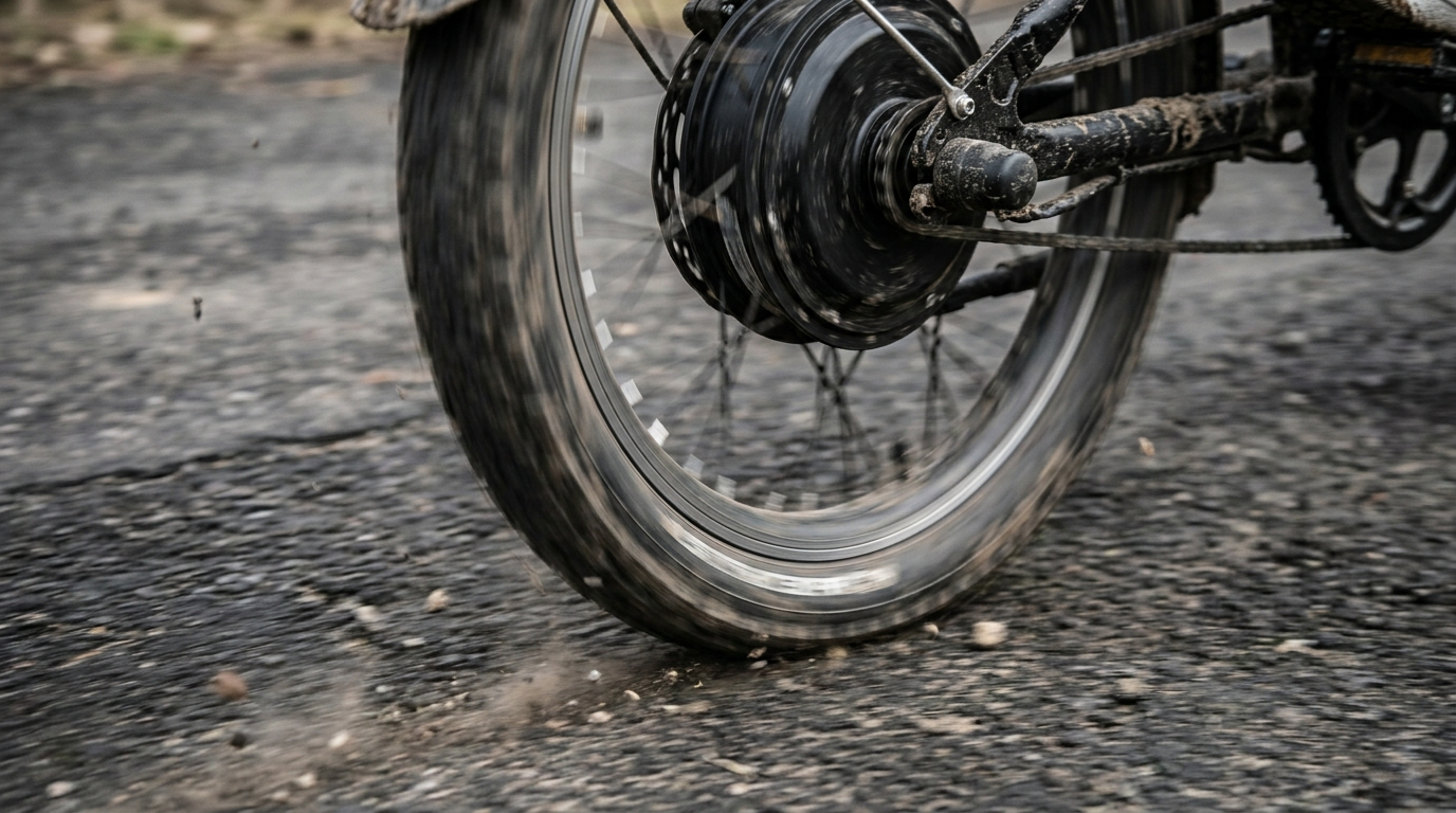 Roda traseira e motor de cubo de uma bicicleta elétrica em movimento