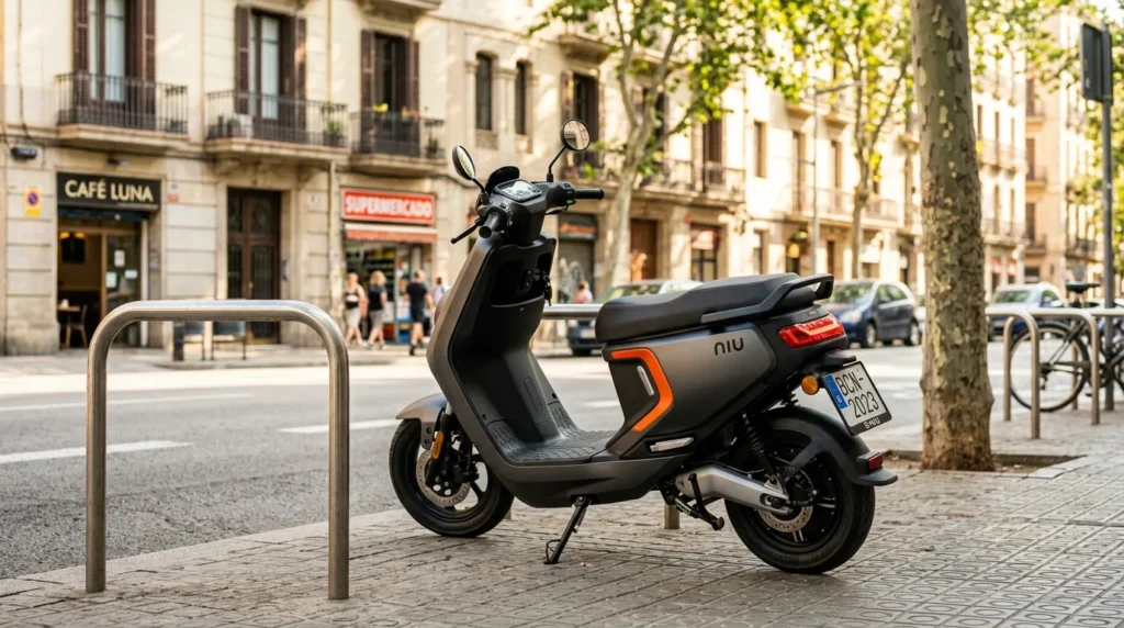 Scooter elétrica urbana estacionada numa rua ensolarada