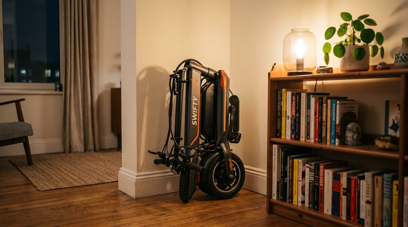 Scooter elétrica dobrada guardada num canto de apartamento pequeno