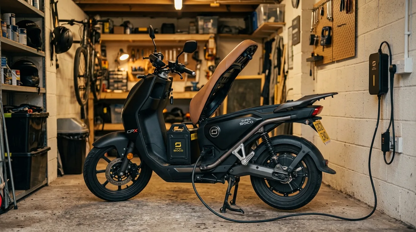 Scooter elétrica carregando na garagem com bateria removível
