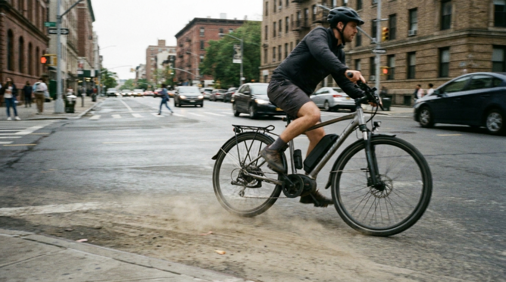 Ciclista pedalando bicicleta elétrica em velocidade numa avenida