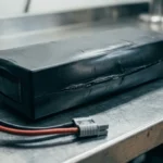 Bateria de lítio estufada sobre bancada metálica de oficina