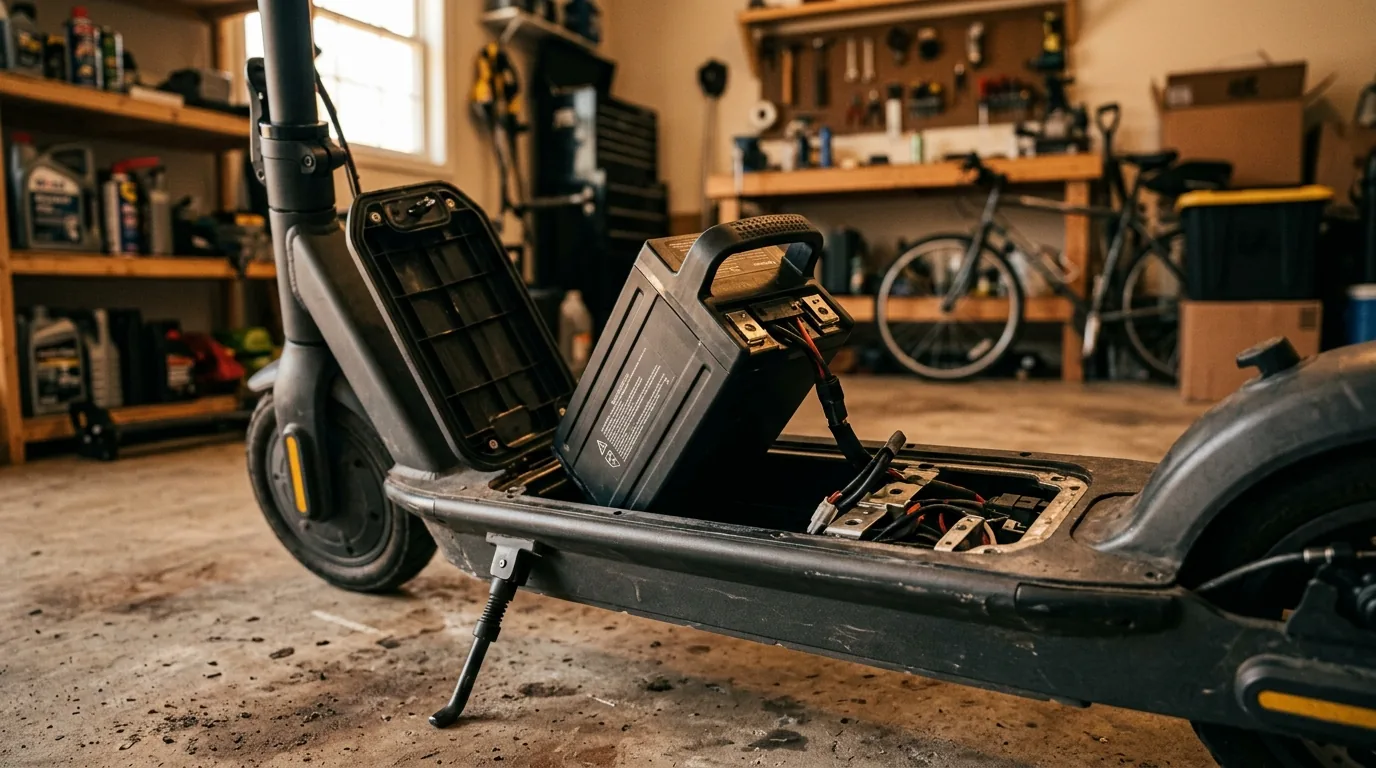 Compartimento de bateria aberto em patinete elétrico dentro de garagem