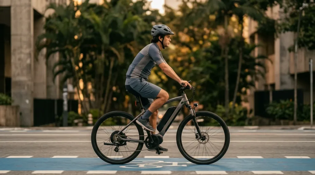 Ciclista pedalando bicicleta elétrica em ciclofaixa demarcada