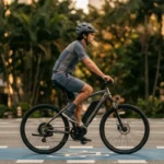 Ciclista pedalando bicicleta elétrica em ciclofaixa demarcada