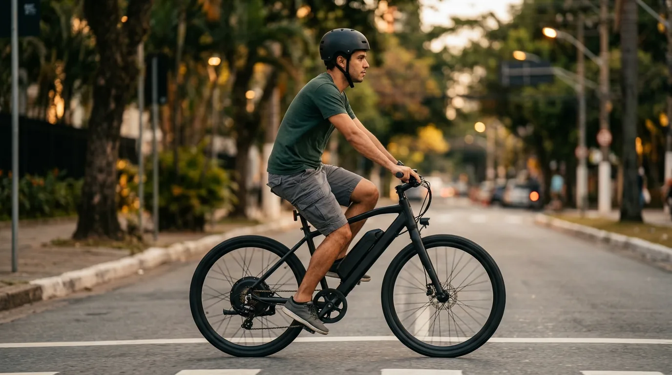 Bicicleta elétrica urbana em rua arborizada de cidade brasileira