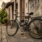 Bicicleta motorizada com motor auxiliar estacionada em rua de paralelepípedo