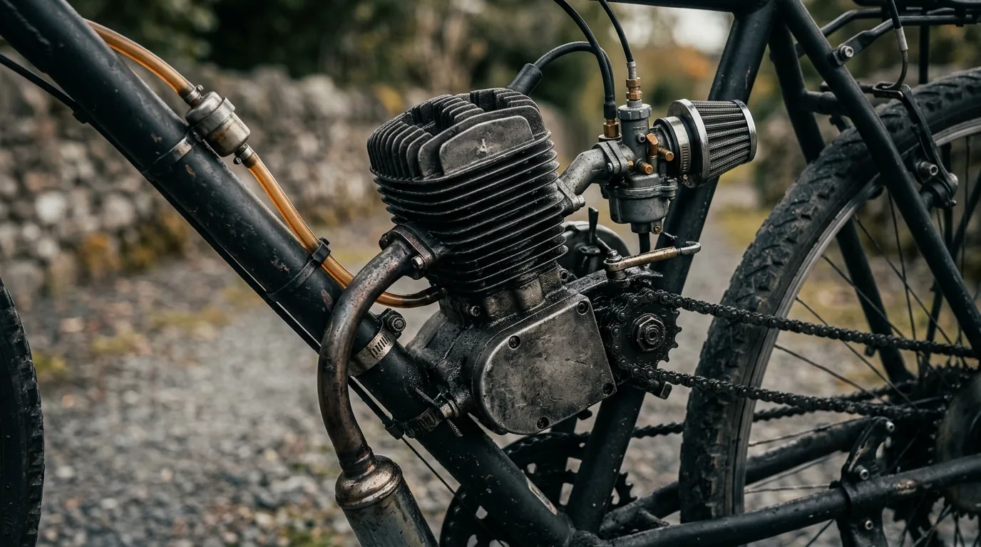 Detalhe do motor de kit auxiliar montado no quadro de uma bicicleta