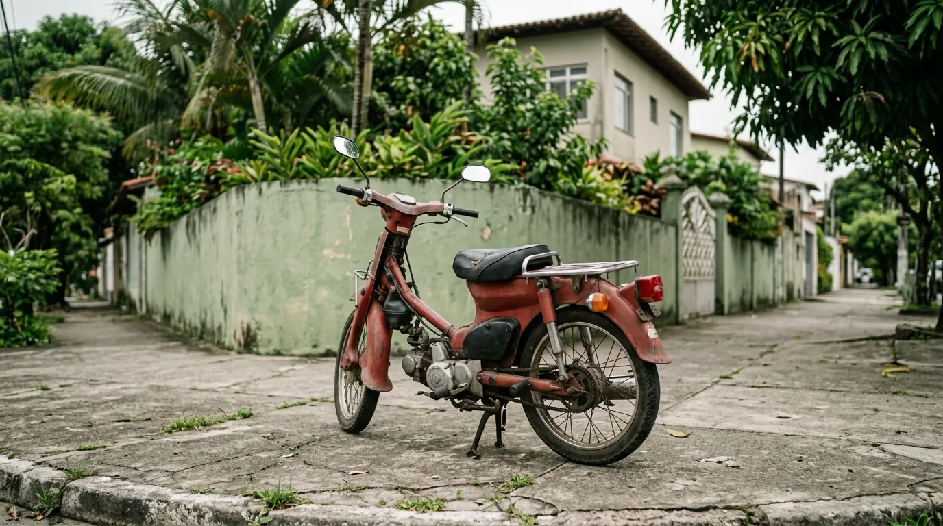Mobilete estacionada em calçada de bairro residencial