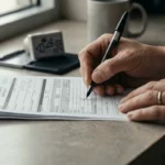 Mãos preenchendo o formulário de registro de veículo em balcão de atendimento