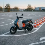 Ciclomotor elétrico em pátio de treinamento com cones de trânsito
