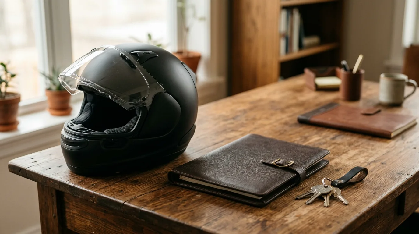 Capacete de motociclista ao lado de pasta de documentos e chaves