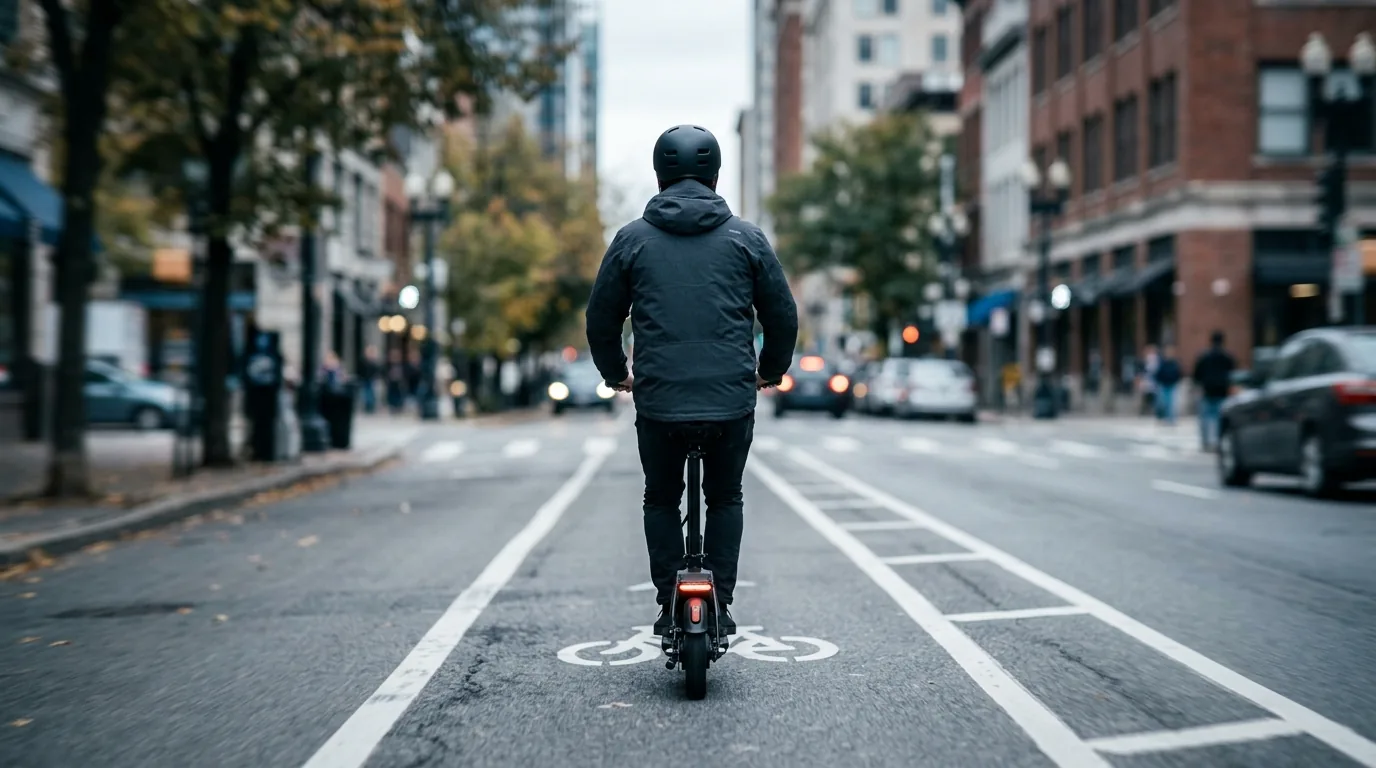 Condutor de patinete elétrico circulando por ciclofaixa urbana