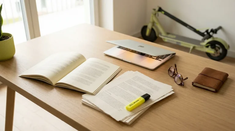Mesa de trabalho com livro aberto, folhas marcadas com marca-texto e scooter elétrica ao fundo