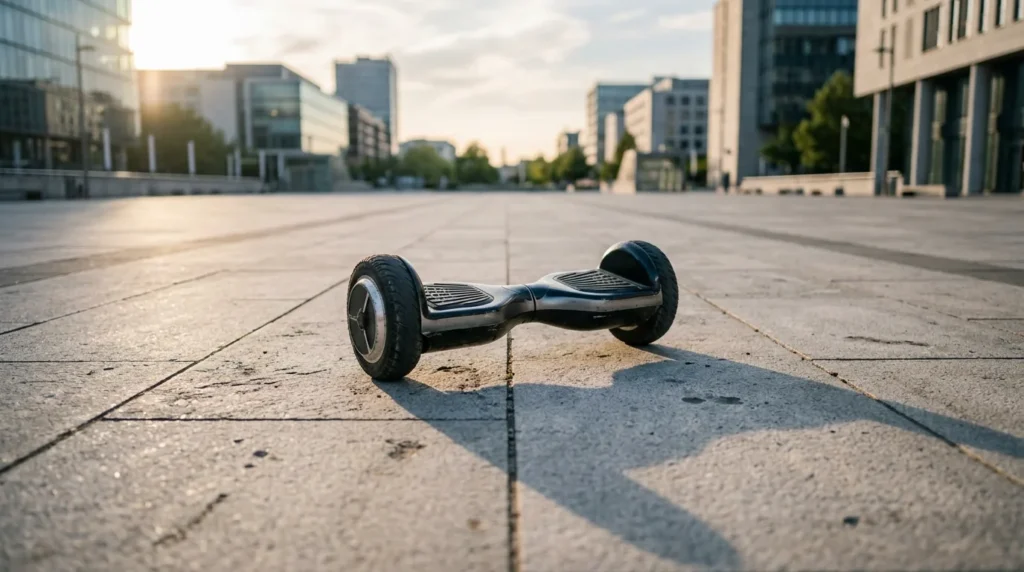 Hoverboard apoiado no piso de uma praça urbana