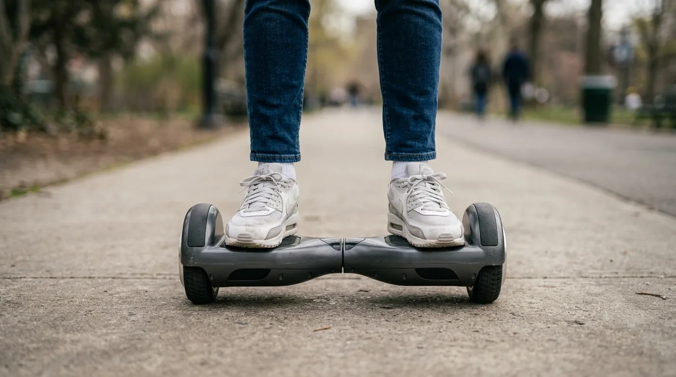 Pés apoiados nas plataformas de um hoverboard em calçada