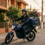 Entregador de aplicativo em moto elétrica com baú térmico numa rua residencial