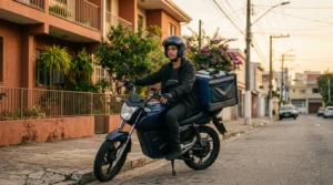 Entregador de aplicativo em moto elétrica com baú térmico numa rua residencial
