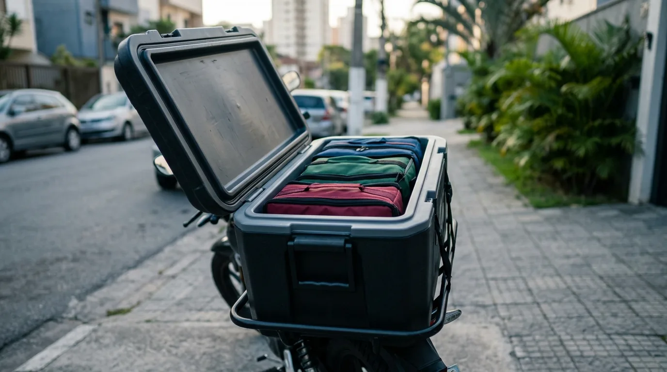 Baú de entrega aberto mostrando a organização interna das sacolas