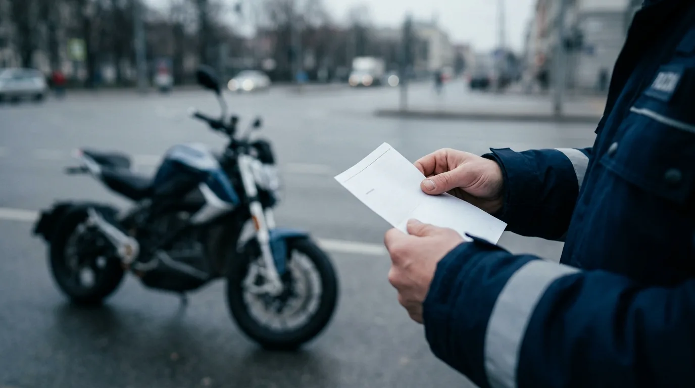 Agente de trânsito conferindo o documento de uma moto elétrica na rua