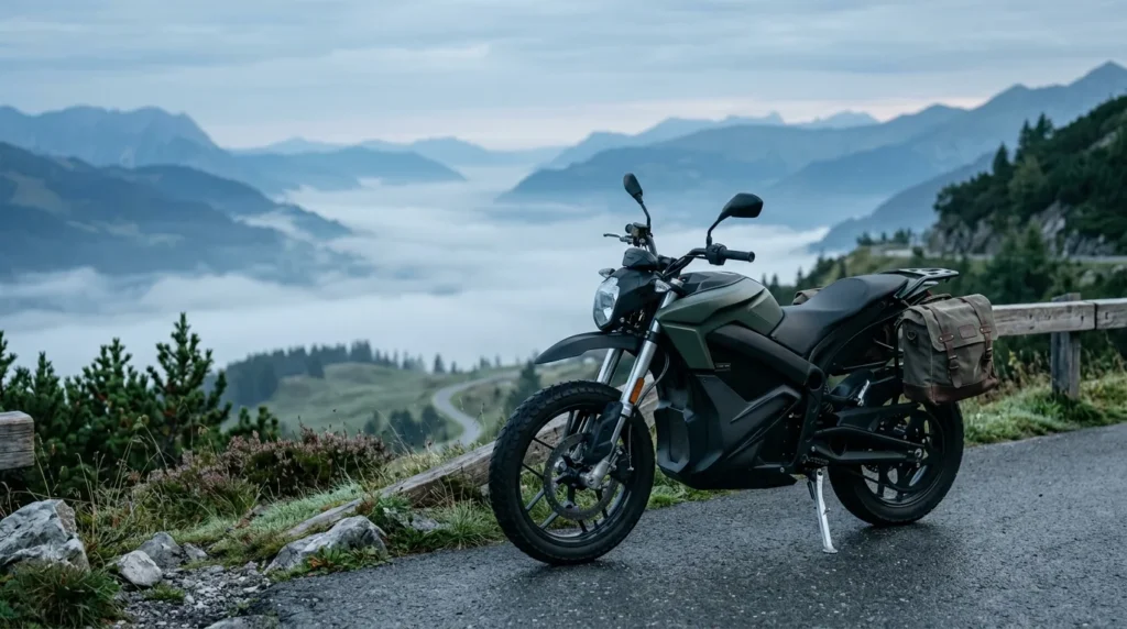 Moto elétrica com bagageiro parada em mirante de estrada de serra