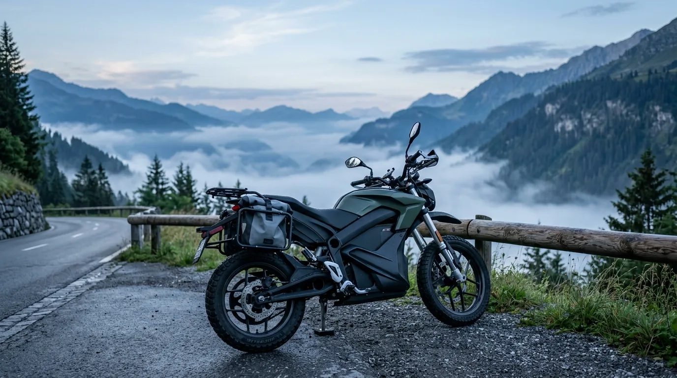 Moto elétrica de viagem em estrada de montanha com neblina no vale