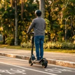 Pessoa em patinete elétrico circulando por ciclovia demarcada
