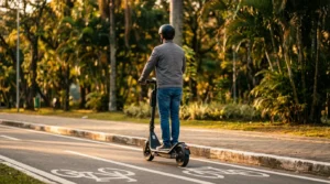 Pessoa em patinete elétrico circulando por ciclovia demarcada