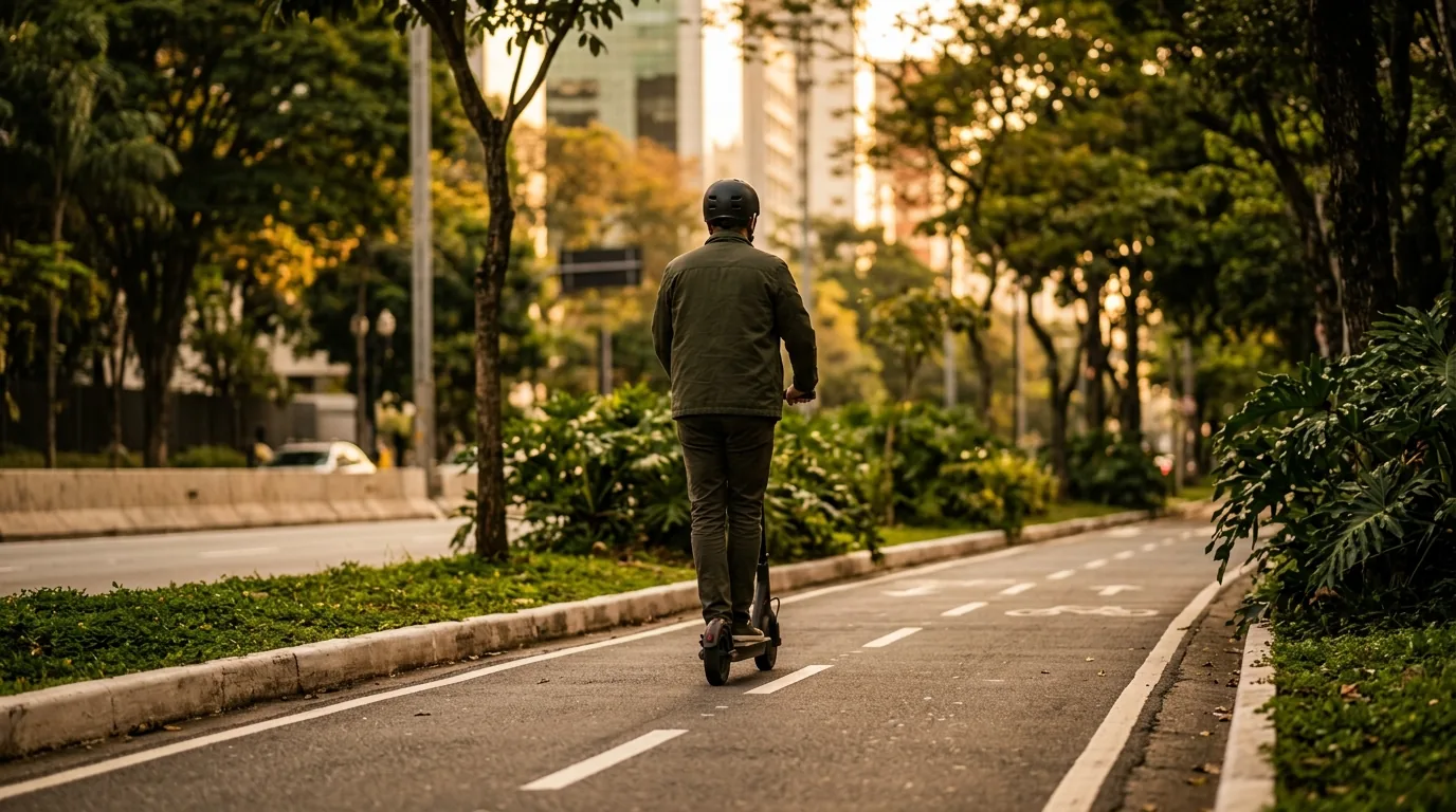 Patinete elétrico em ciclovia arborizada de parque urbano