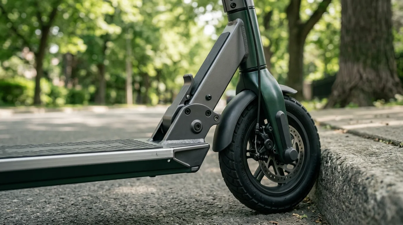 Detalhe do deck e da roda dianteira de um patinete elétrico adulto