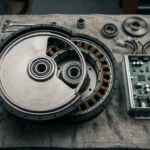 Peças de moto elétrica sobre a bancada com motor de cubo e controlador
