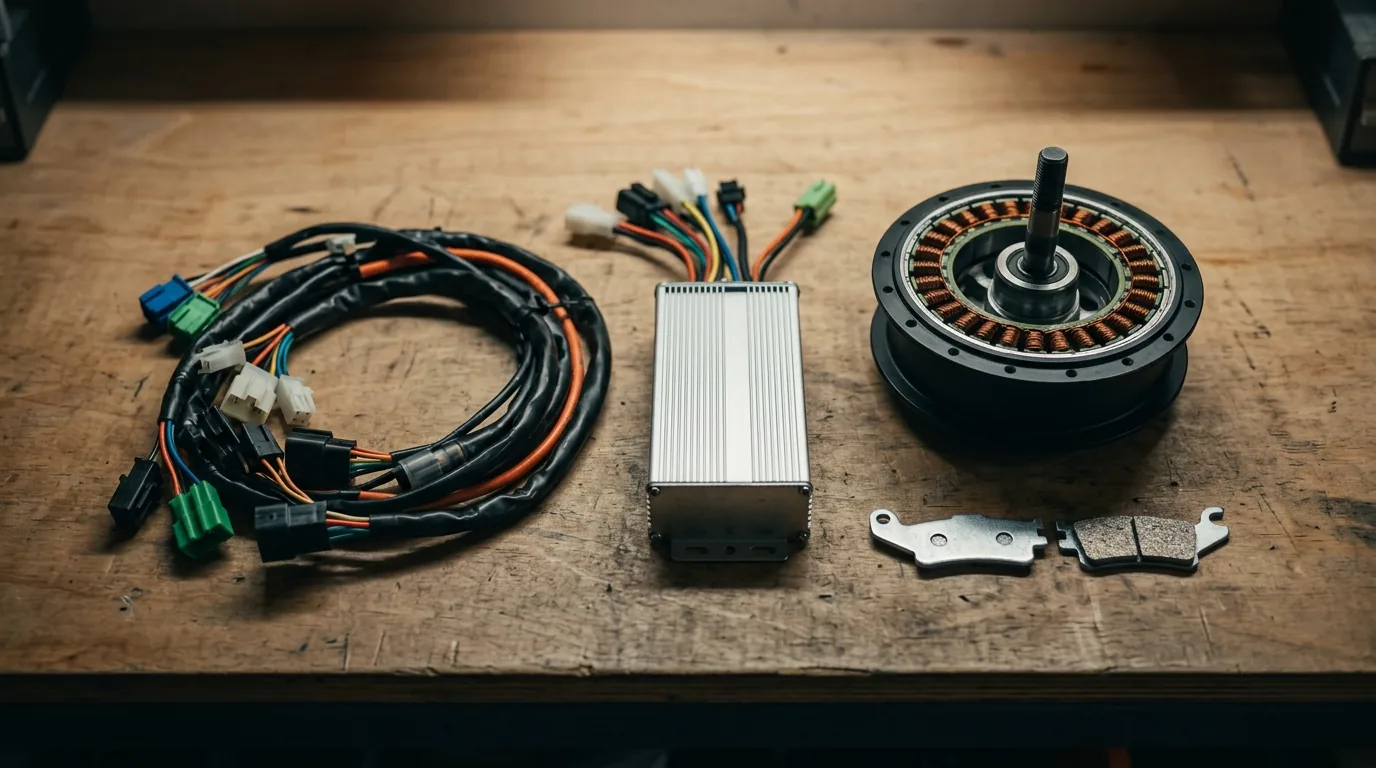 Chicote de cabos, controlador e motor de cubo de moto elétrica