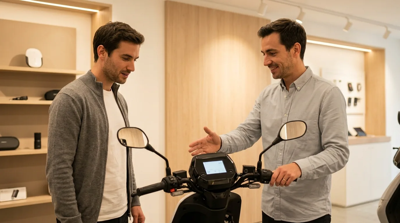 Vendedor apresentando uma scooter elétrica para um cliente na loja