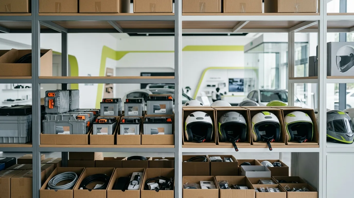 Estoque de peças, baterias e capacetes numa revenda de elétricos
