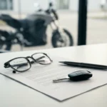 Contrato de seguro, óculos e chave sobre a mesa com moto elétrica ao fundo