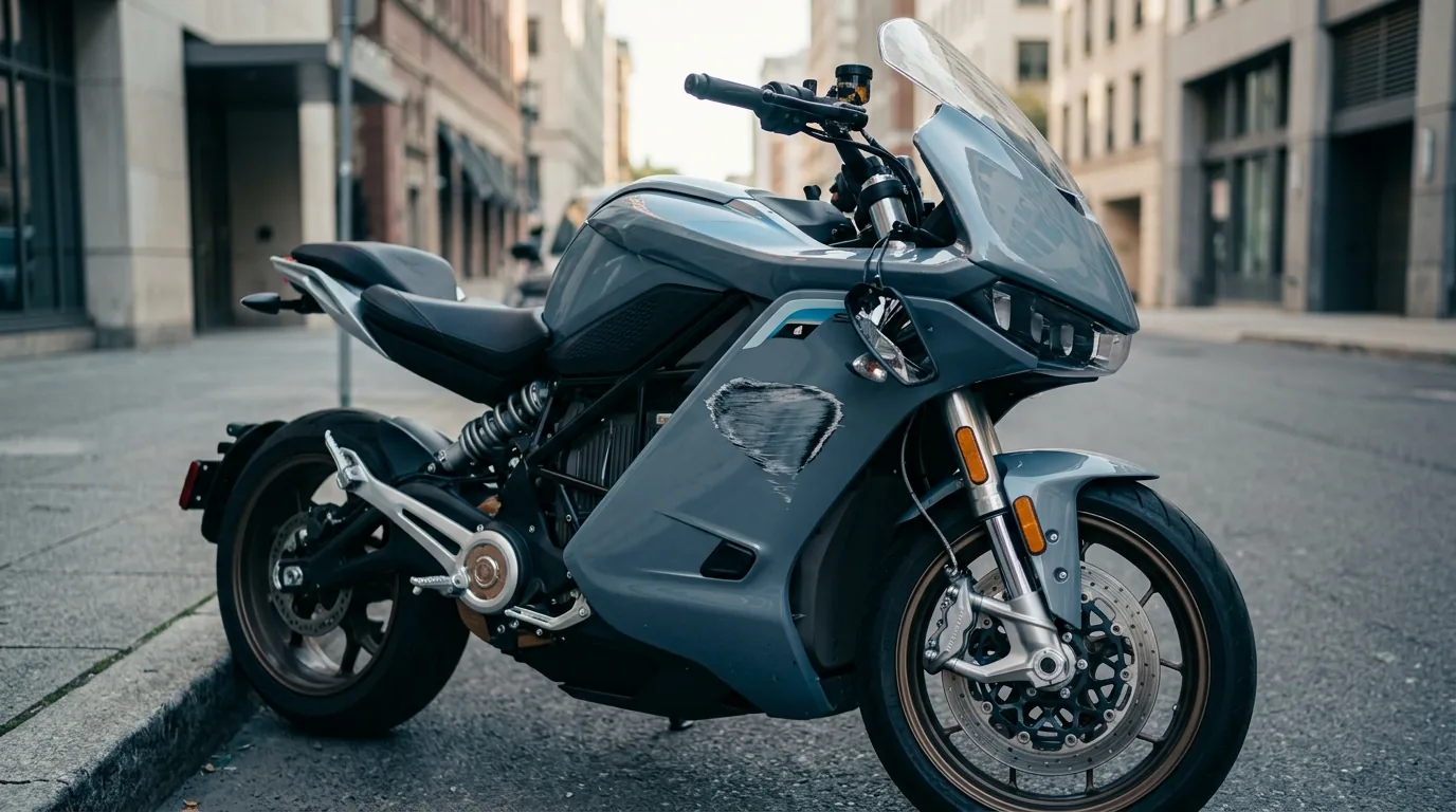 Moto elétrica carenada estacionada na rua após avaria lateral