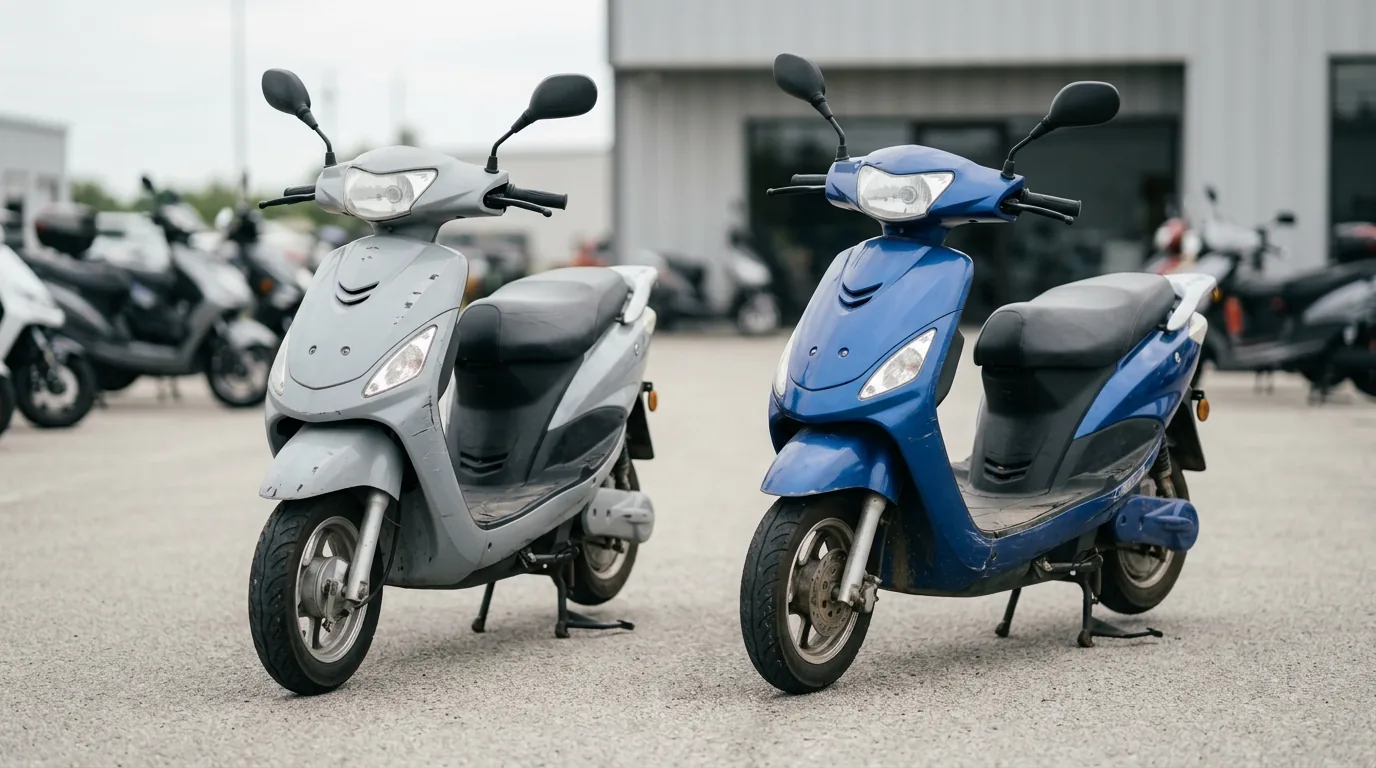 Duas scooters elétricas usadas lado a lado em pátio de revenda