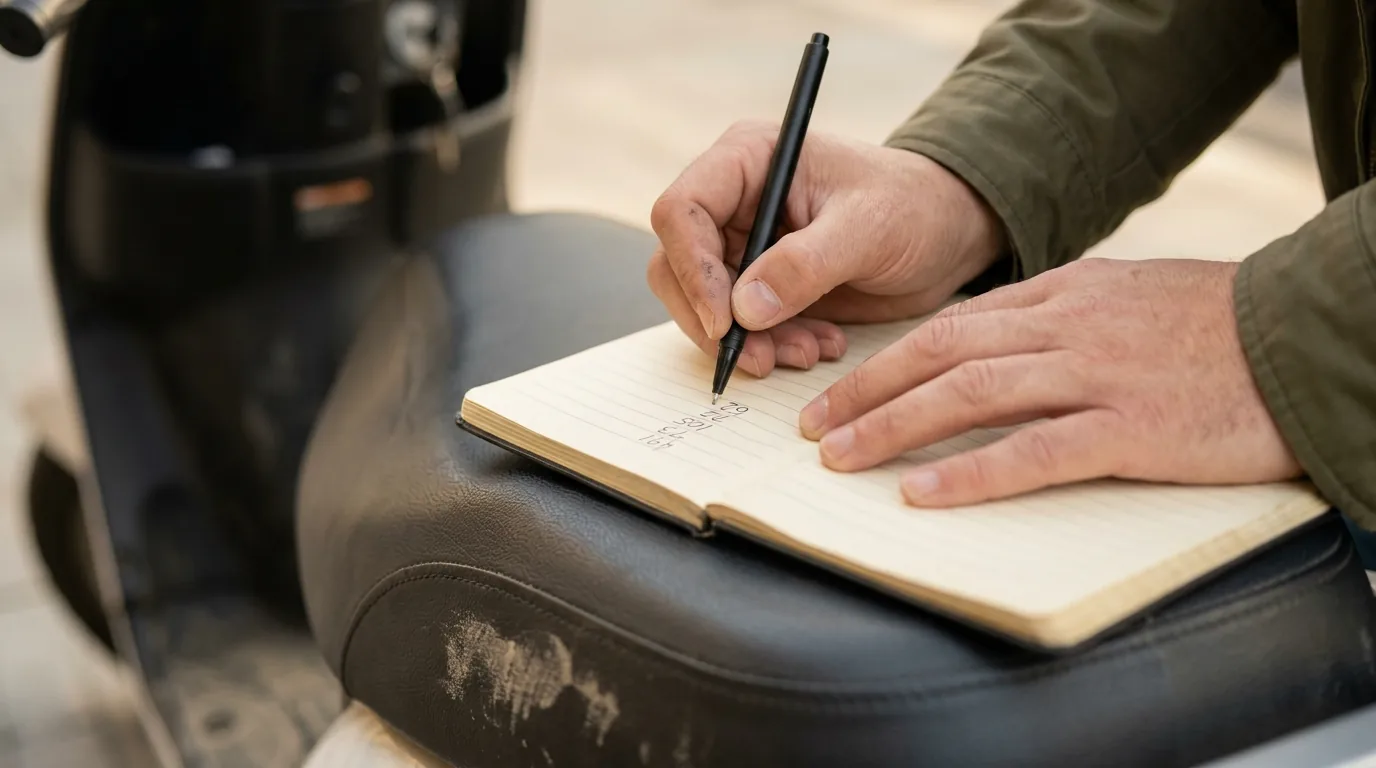 Anotação de valores em caderno apoiado no banco de uma moto elétrica