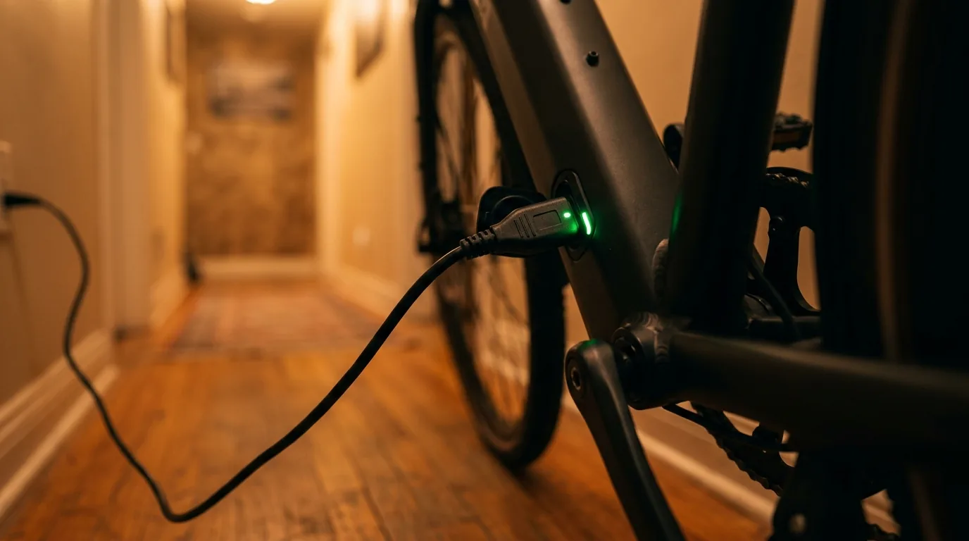 Carregador conectado à porta de carga de uma bicicleta elétrica