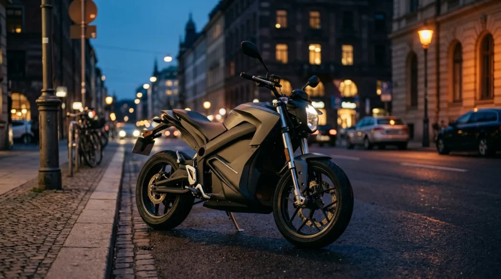 Moto elétrica urbana estacionada em rua ao anoitecer