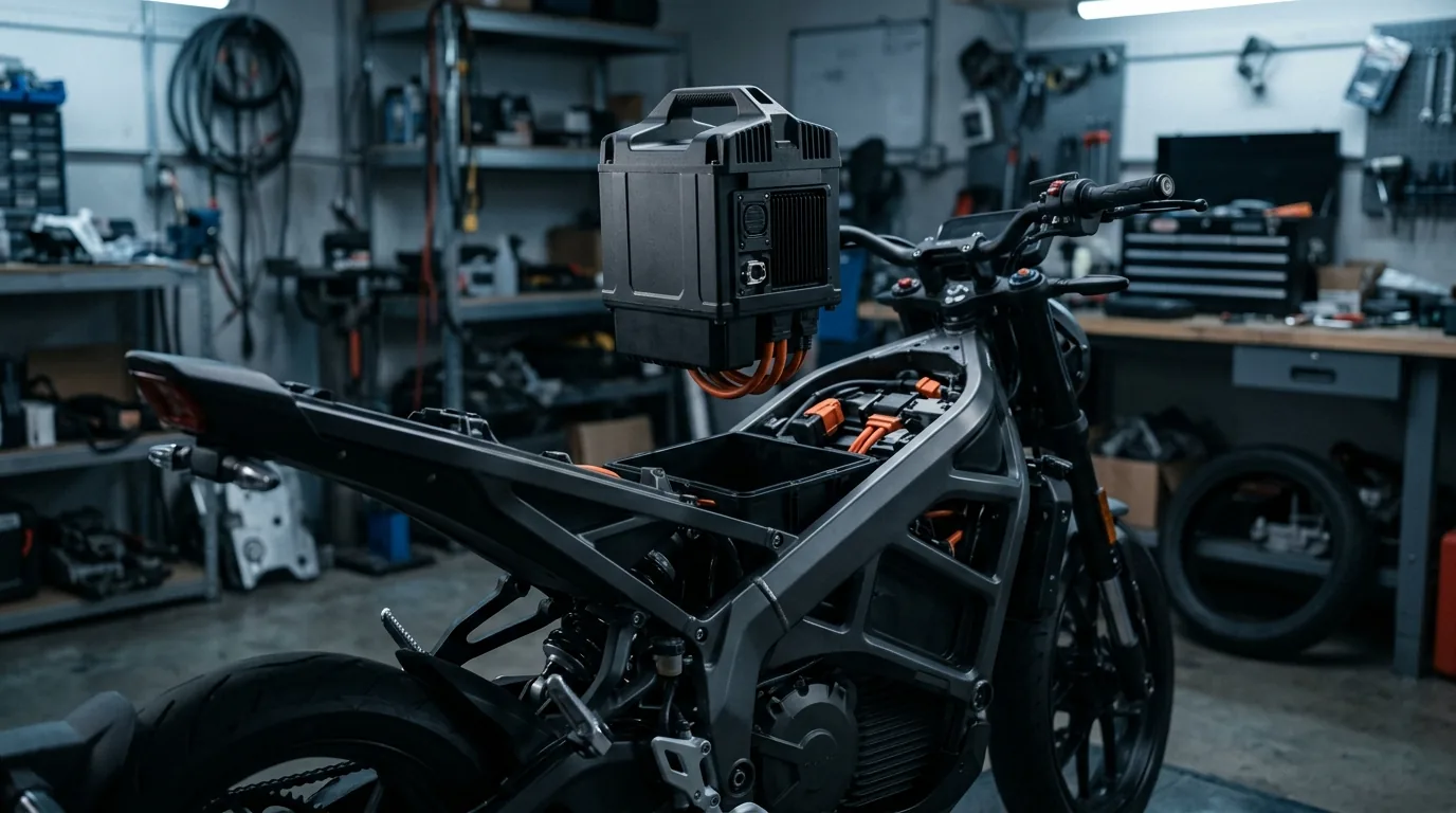 Bateria removível sendo retirada do compartimento de uma moto elétrica
