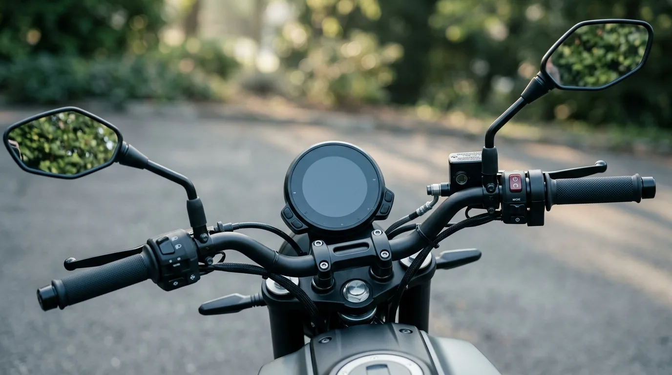 Guidão e painel digital de uma moto elétrica vistos do posto de pilotagem